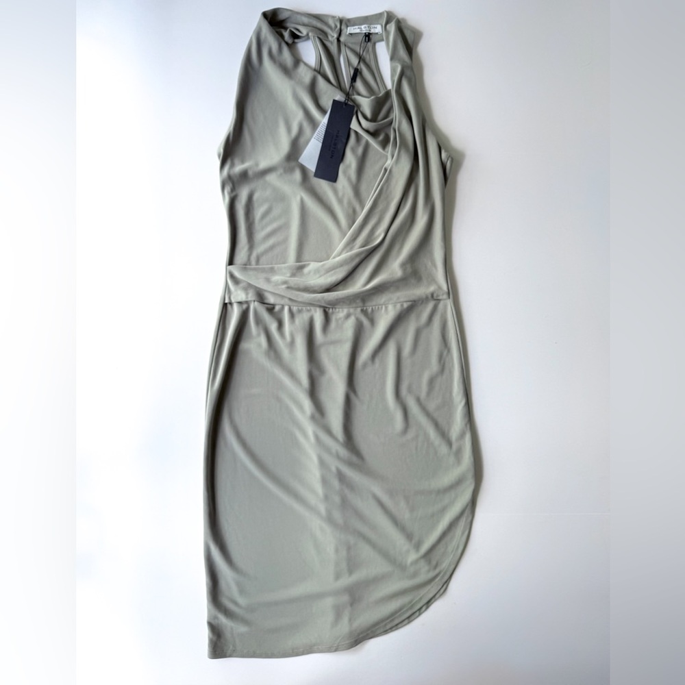 NWT Halston Heritage Asymmetrical Draped Cowl Neck Midi Dress Sage Khaki Green M - Picture 8 of 16